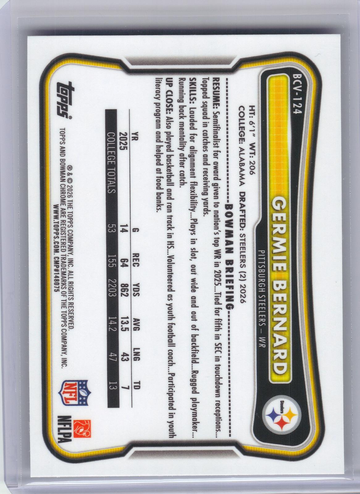 2026 Bowman #BCV-124 Germie Bernard Chrome Pittsburgh Steelers