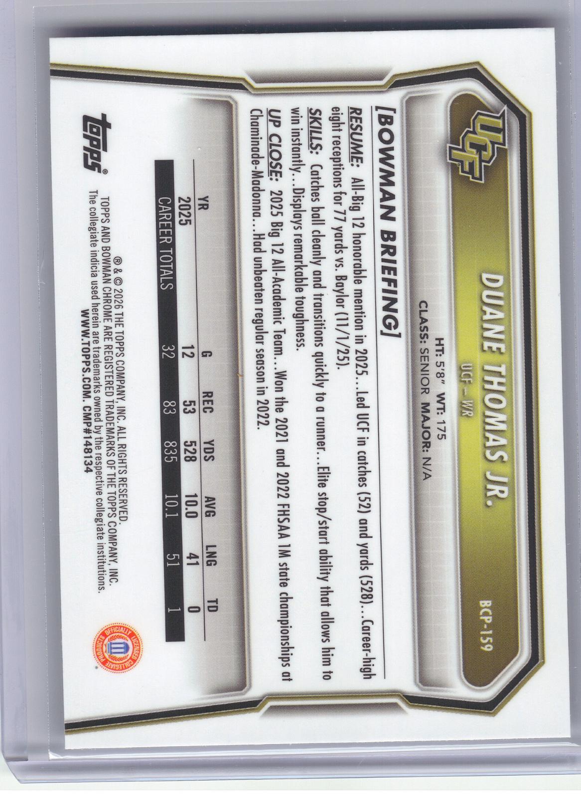 2026 Bowman #BCP-159 Duane Thomas Jr. Chrome Prospects UCF Knights