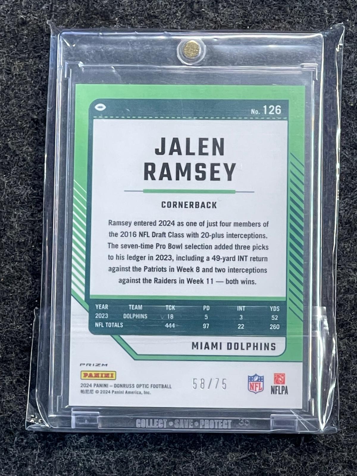 2024 Donruss Optic #126 Jalen Ramsey Electricity #/75 Miami Dolphins SN