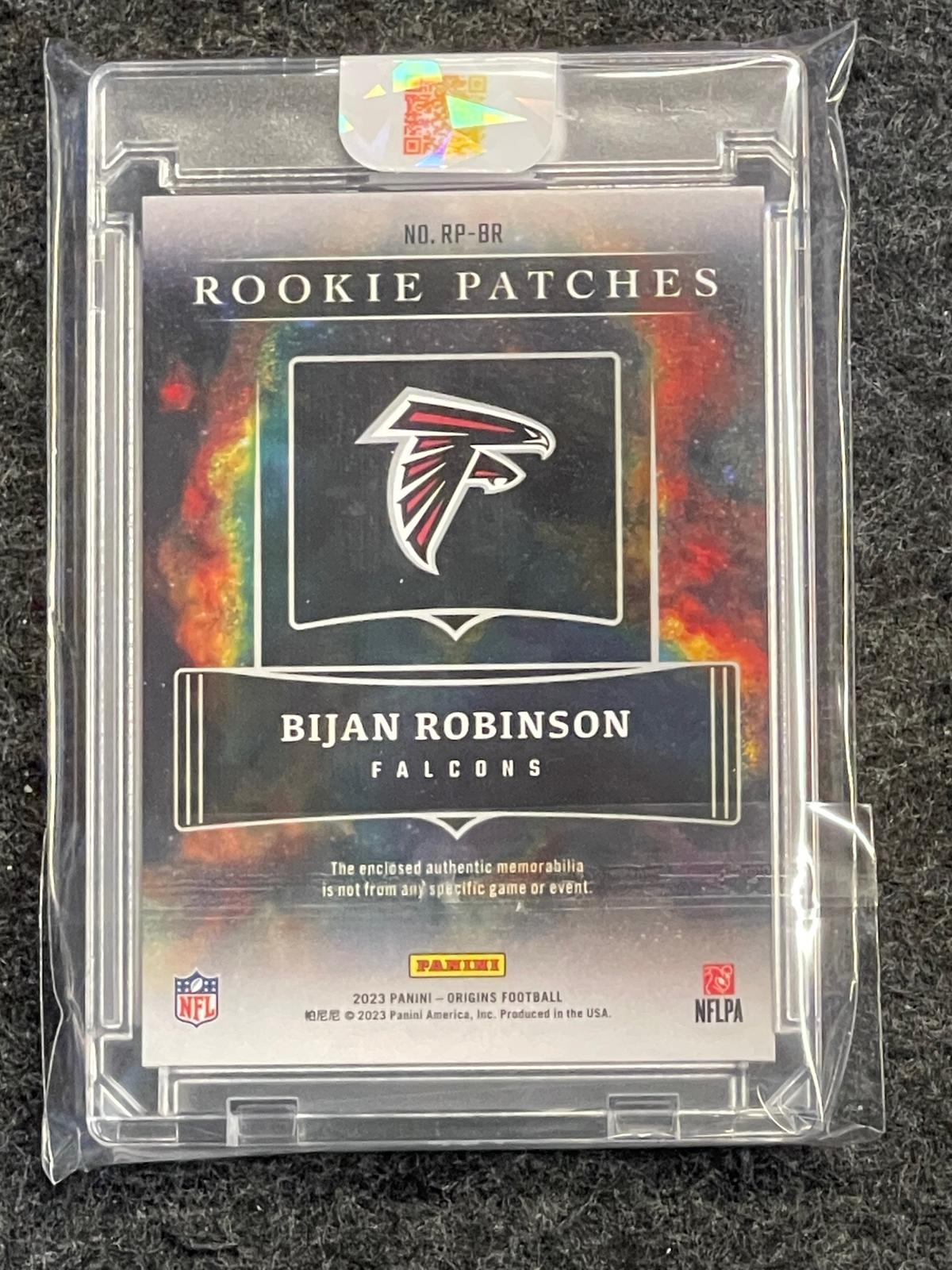 2023 Panini Origins #RP-BR Bijan Robinson Rookie Patches Black Tag NFL Shield #/1 Atlanta Falcons SN, MEM