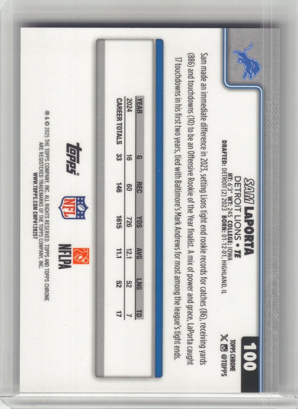2025 Topps Chrome #100 Sam LaPorta Football Leather Gold #/50 Detroit Lions SN