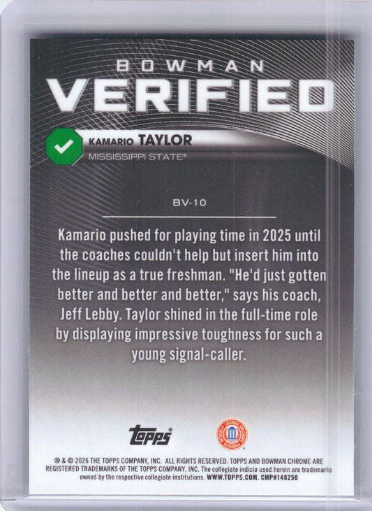 2026 Bowman #BV-10 Kamario Taylor Bowman Verified Mississippi State Bulldogs