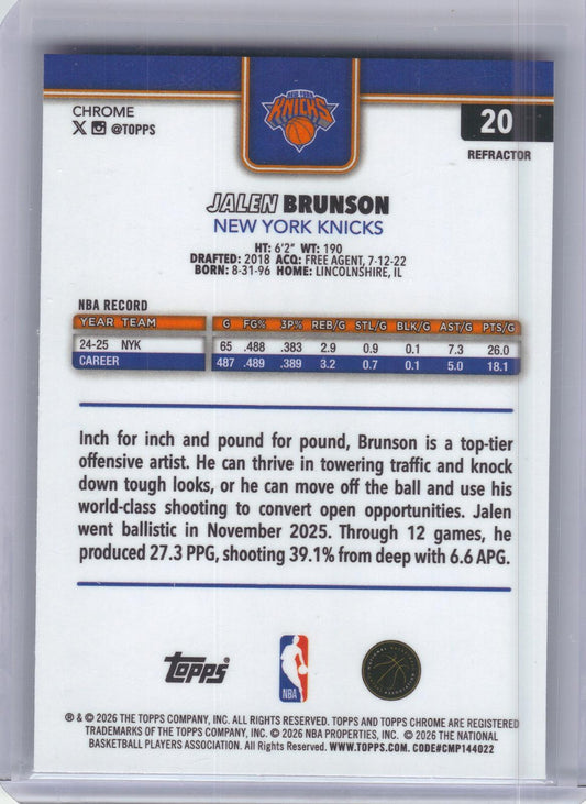 2025-26 Topps Chrome Update #20 Jalen Brunson Refractor New York Knicks