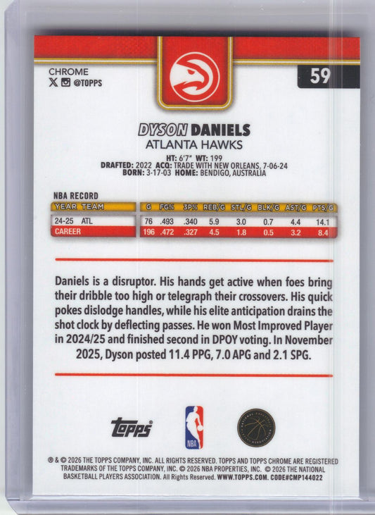 2025-26 Topps Chrome Update #59 Dyson Daniels Red White and Blue Refractor Atlanta Hawks