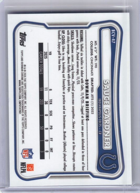2026 Bowman #BCV-47 Sauce Gardner Chrome Mojo Refractor Indianapolis Colts
