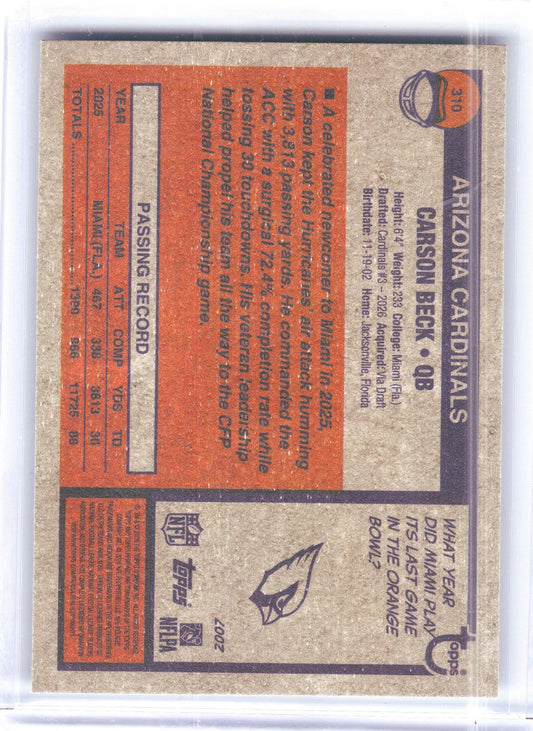 2026 Topps Heritage #310 Carson Beck Arizona Cardinals RC