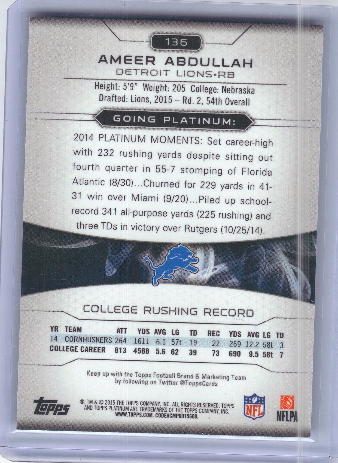 2015 Topps Platinum #136 Ameer Abdullah Detroit Lions RC