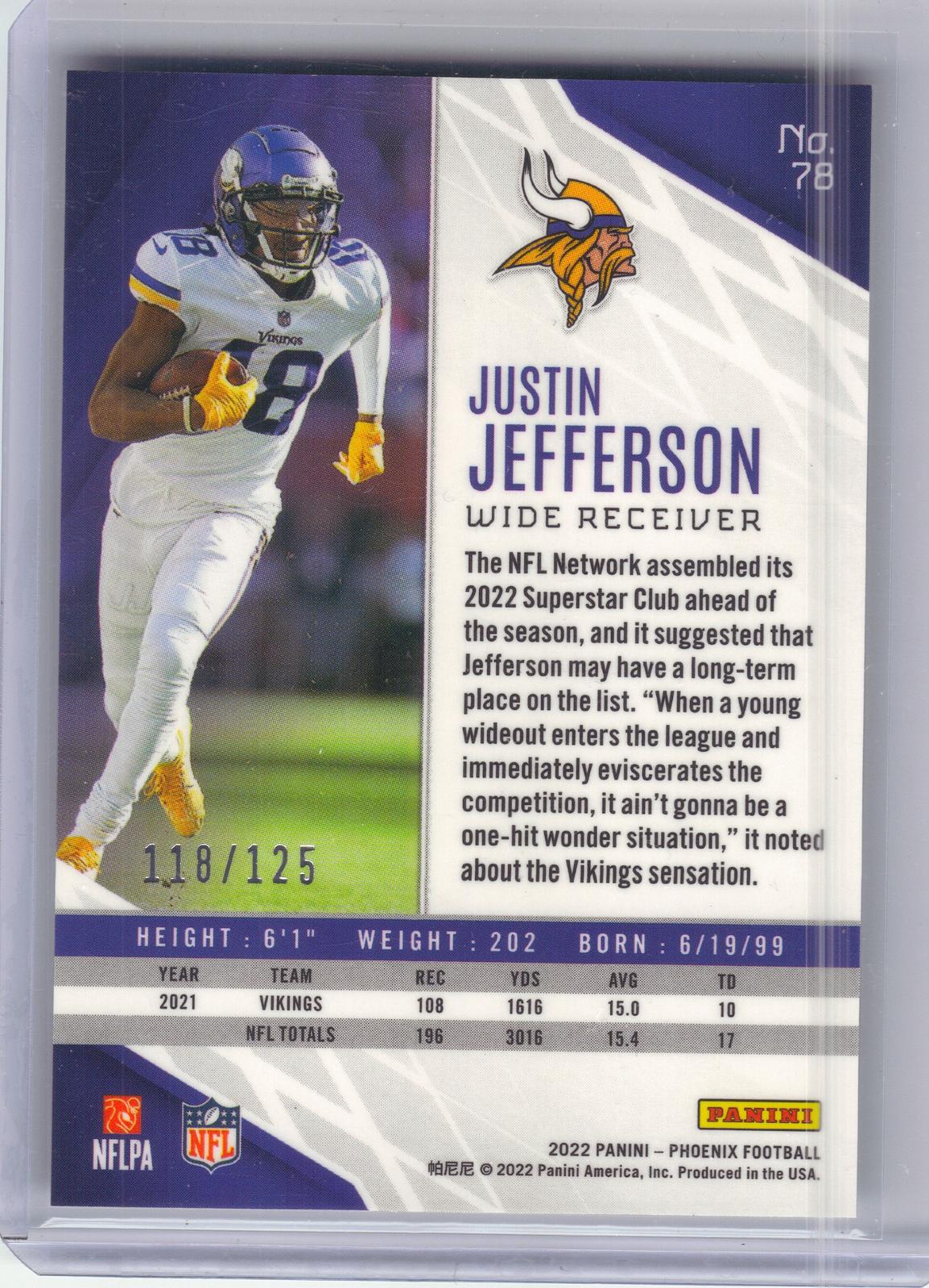 2022 Panini Phoenix #78 Justin Jefferson Red Lazer #/125 Minnesota Vikings SN