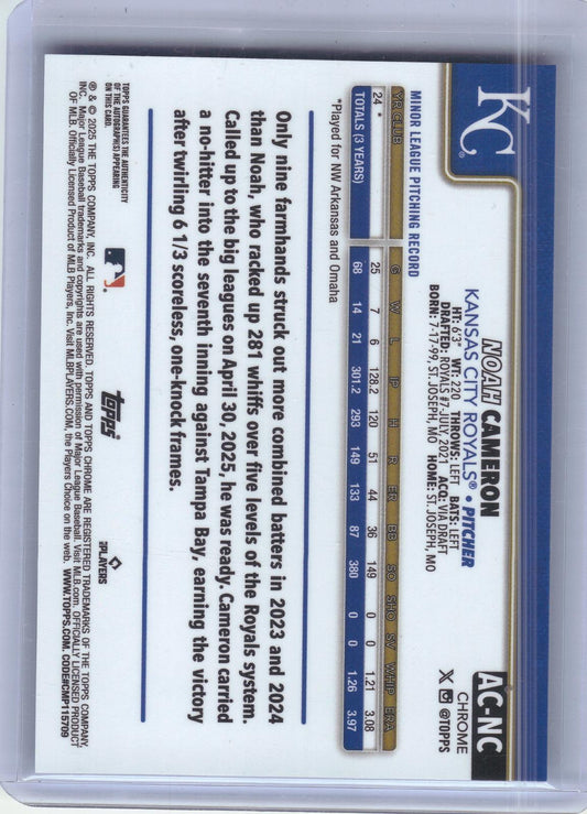 2025 Topps Chrome Update #AC-NC Noah Cameron Chrome Update Autographs Blue Refractor #/150 Kansas City Royals SN, AU