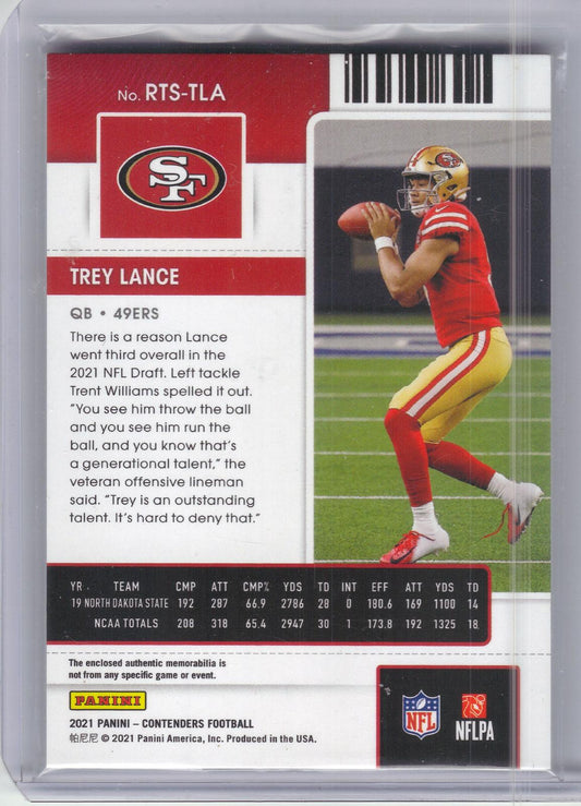2021 Panini Contenders #RTS-TLA Trey Lance Rookie Ticket Swatches San Francisco 49ers MEM