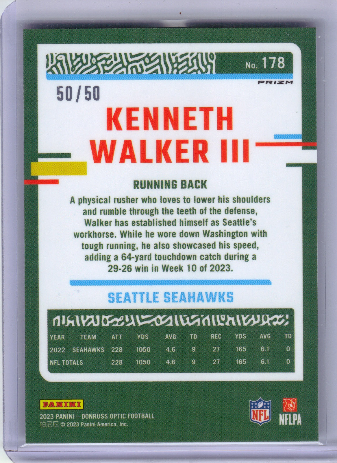Kenneth Walker III Seattle Seahawks 2023 Donruss Optic - Purple #178 /50 (Back)