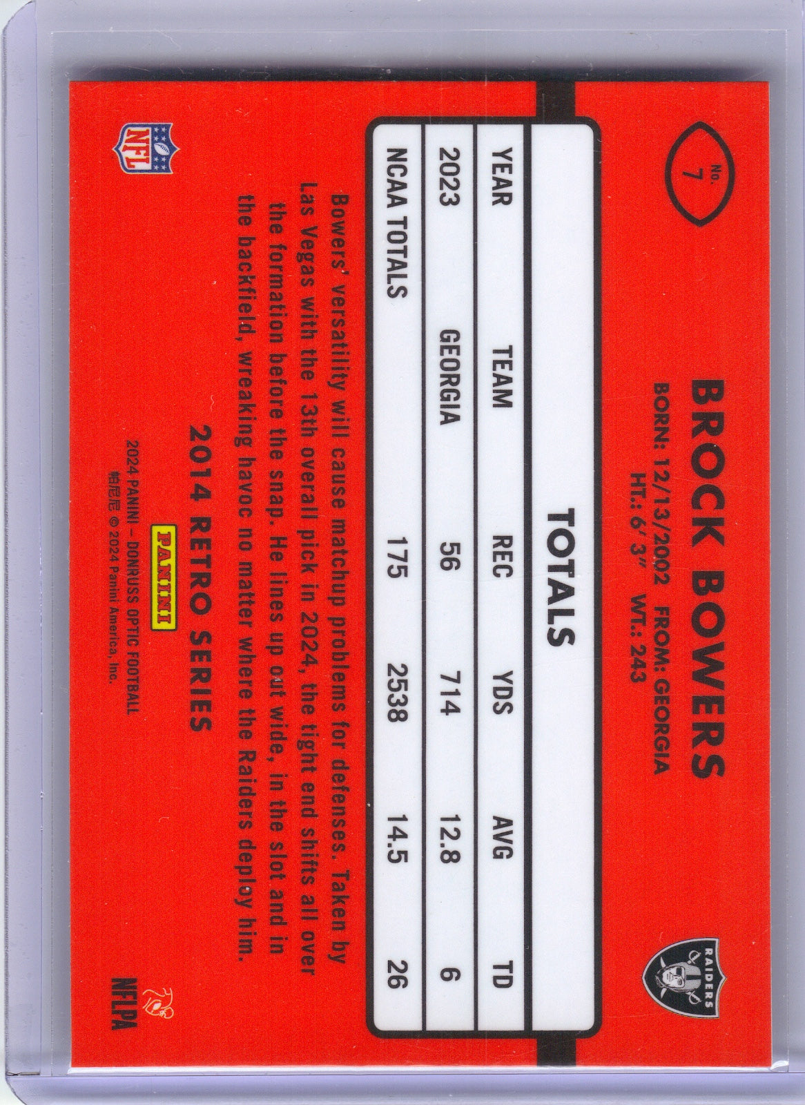 Brock Bowers Las Vegas Raiders 2024 Donruss Optic - 2014 Retro Series #7 (Back)