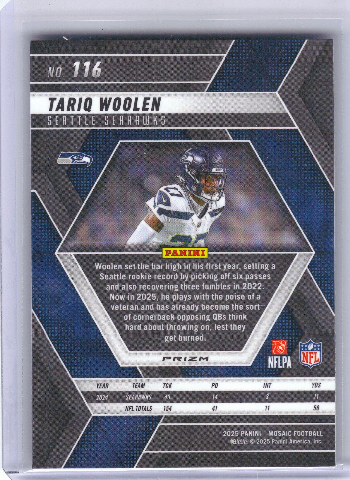 Tariq Woolen Seattle Seahawks 2025 Panini Mosaic - Mosaic #116 (Back)