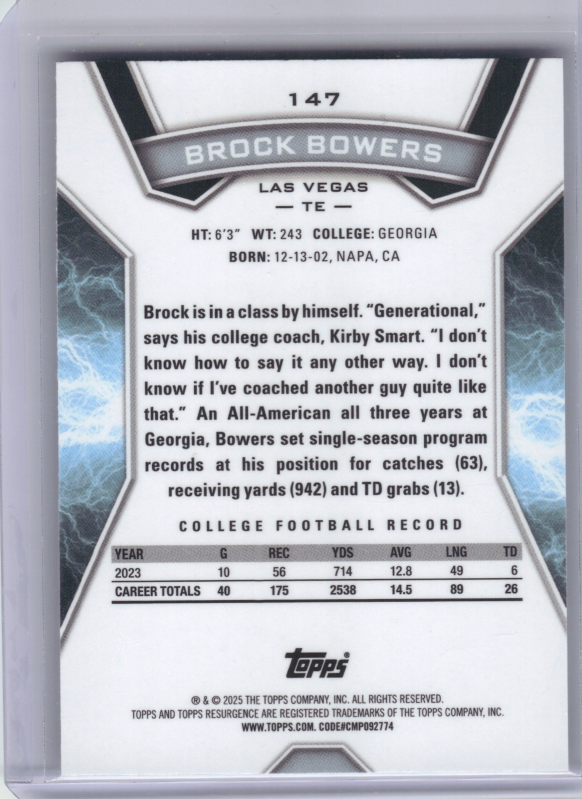 Brock Bowers Las Vegas Raiders 2024 Topps Resurgence - Silver Static #147 (Back)