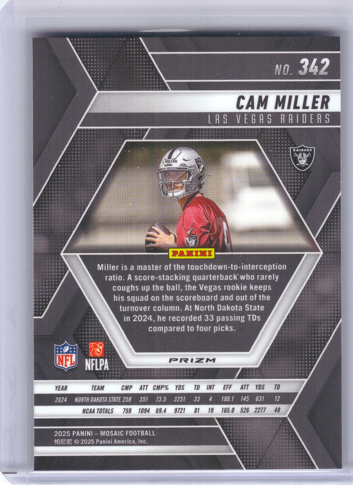 Cam Miller Las Vegas Raiders 2025 Panini Mosaic - Mosaic Red #342 (Back)
