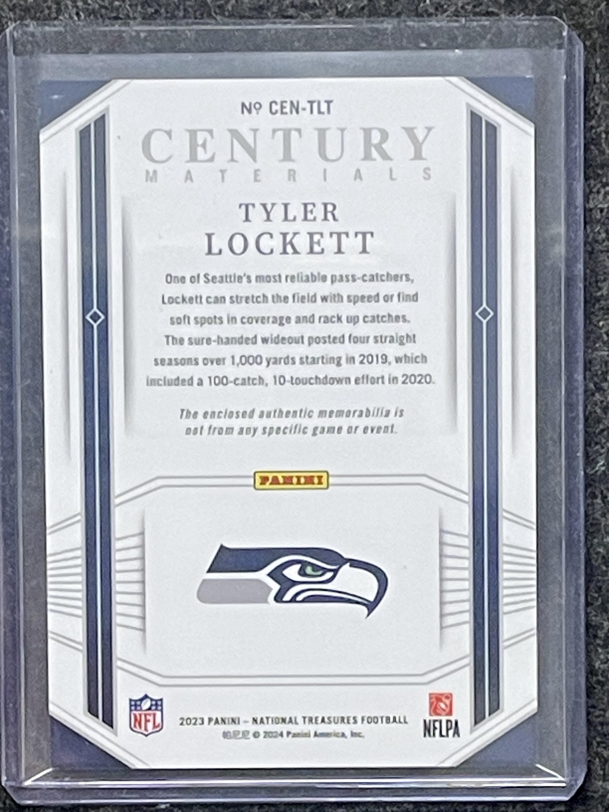2023 Panini National Treasures #CEN-TLT Tyler Lockett Materials Gold #/49 Hawks