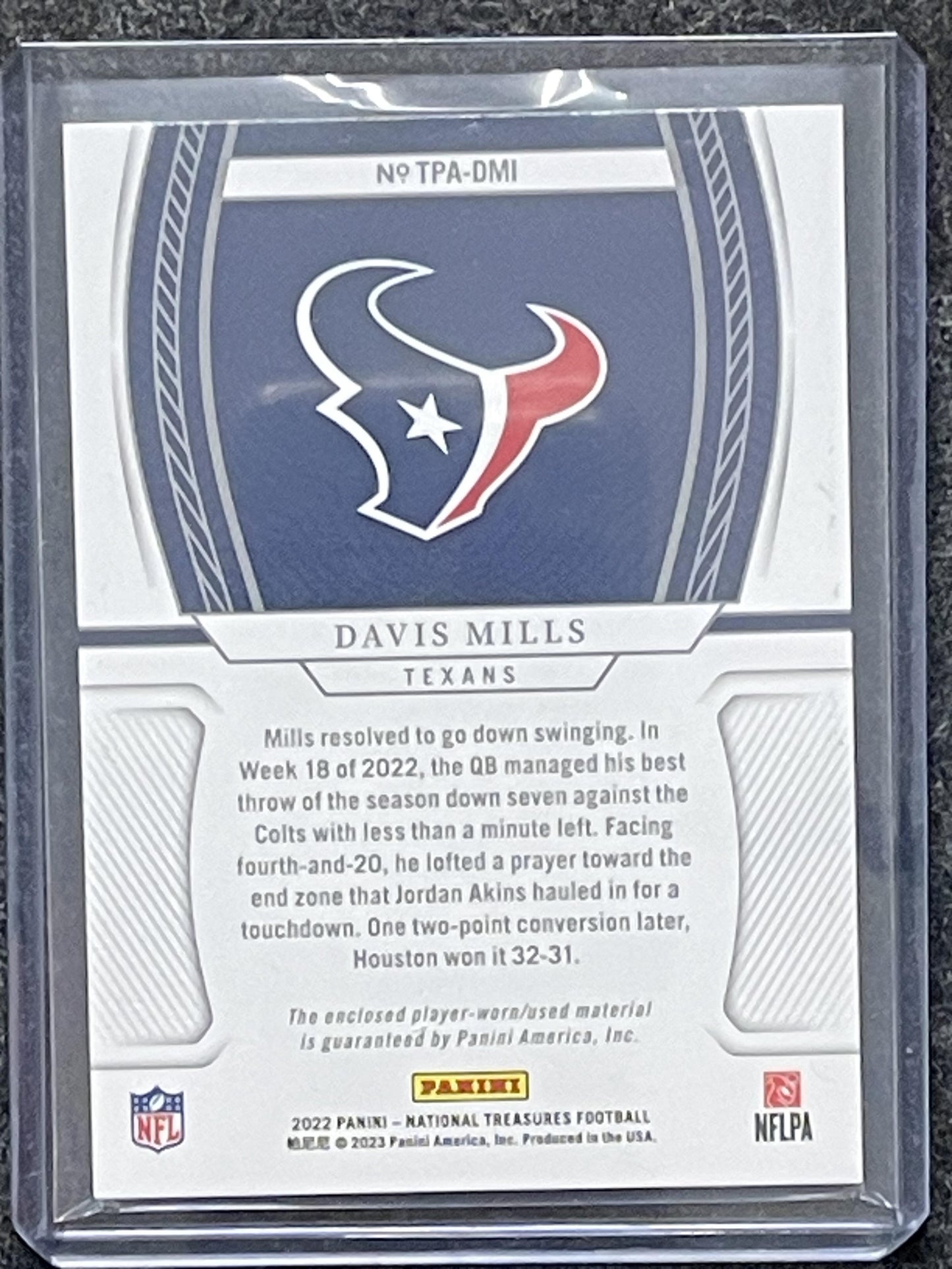 2022 Panini National Treasures #TPA-DMI Davis Mills Patches Holo Silver #/25