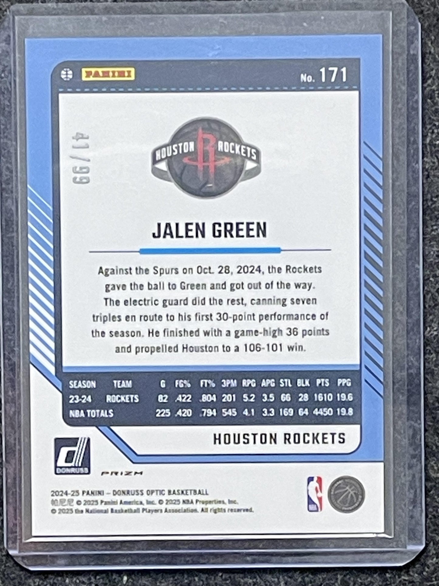 2024-25 Donruss Optic #171 Jalen Green Copper Glitter #/99 Houston Rockets SN