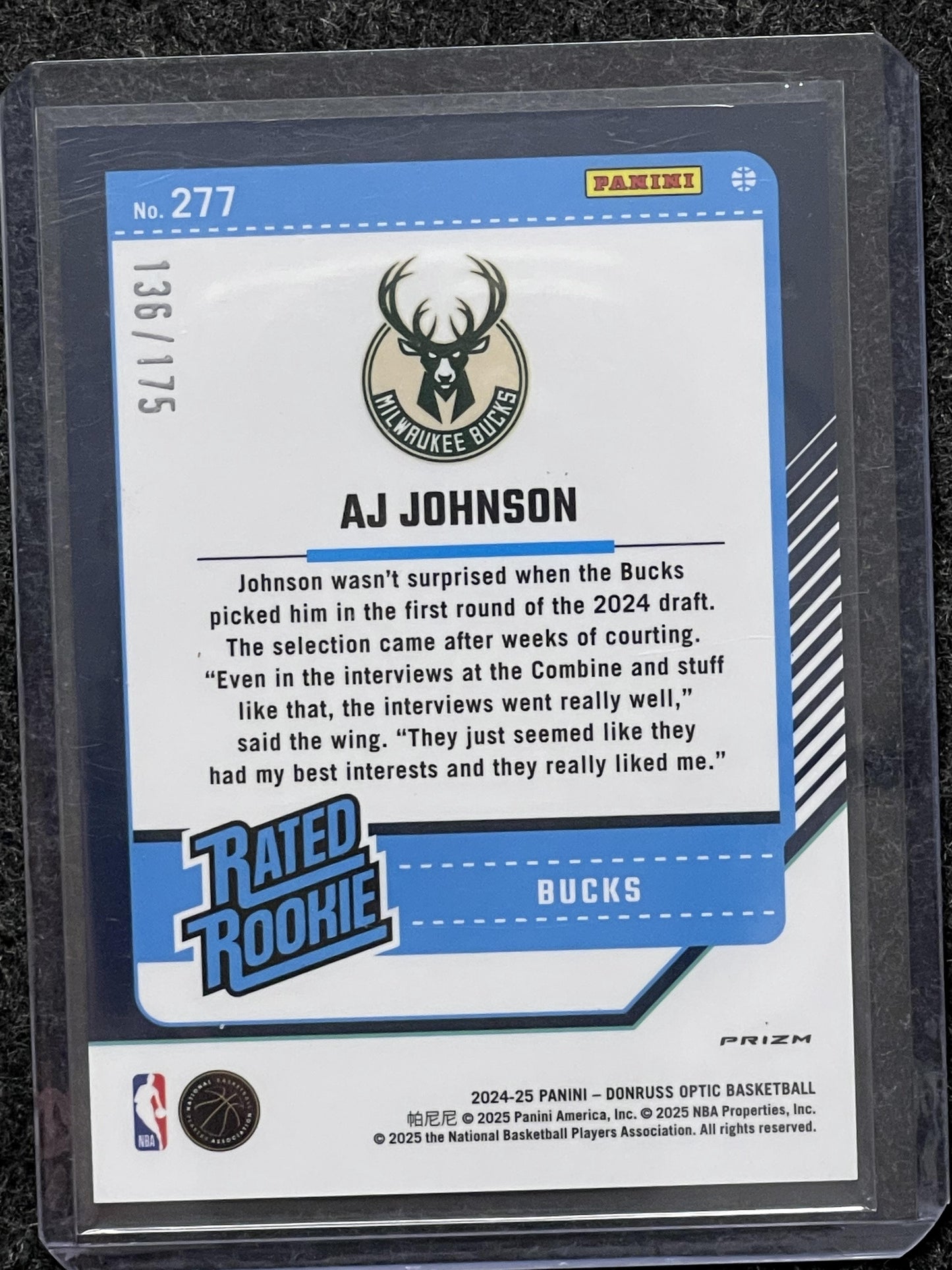 2024-25 Donruss Optic #277 AJ Johnson Hyper Blue #/175 Milwaukee Bucks SN,RC
