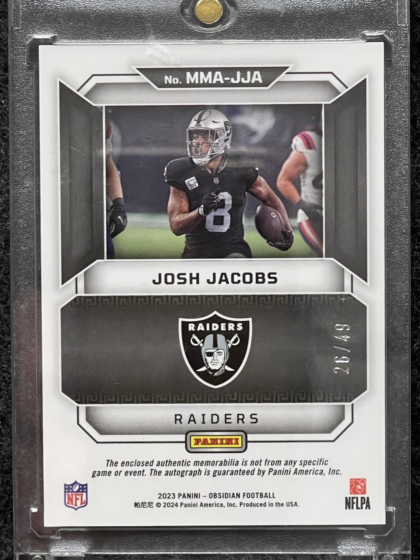 23 Panini Obsidian #MMA-JJA Josh Jacobs Patch Auto ElectricEtchOrange #/49