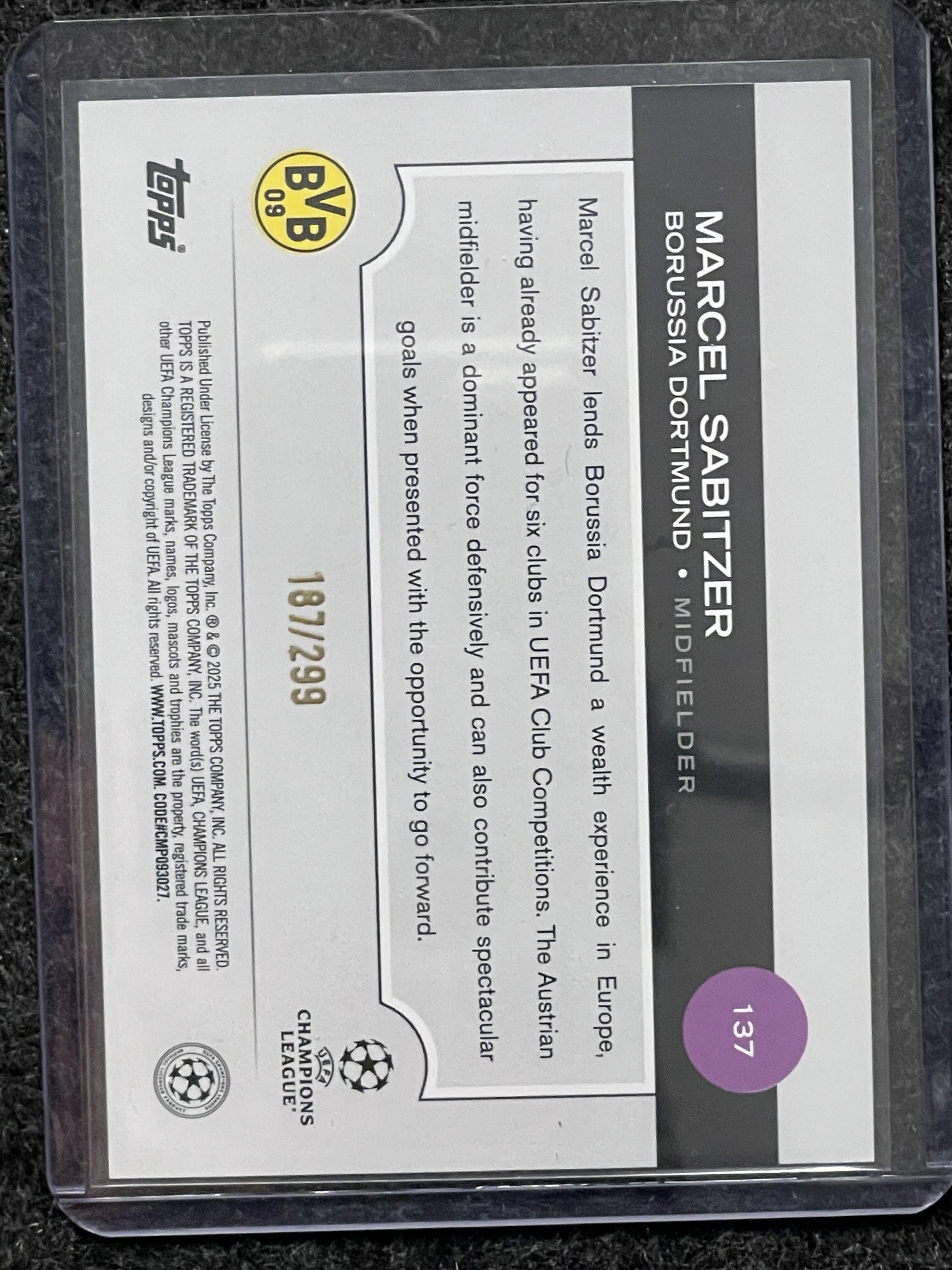 2024-25 Topps UCC #137 Marcel Sabitzer Purple Inferno Foil #/299 Dortmund