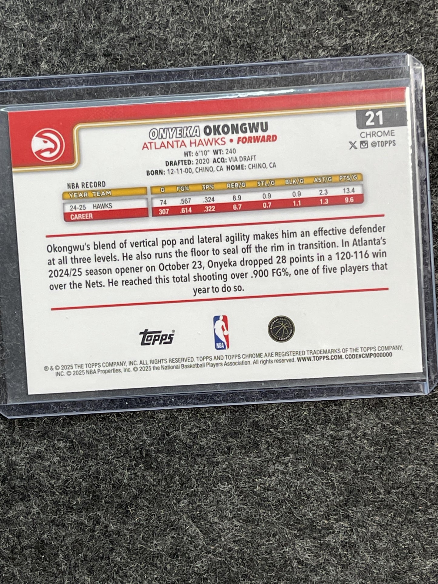 2025-26 Topps Chrome #21 Onyeka Okongwu Negative Refractor Atlanta Hawks