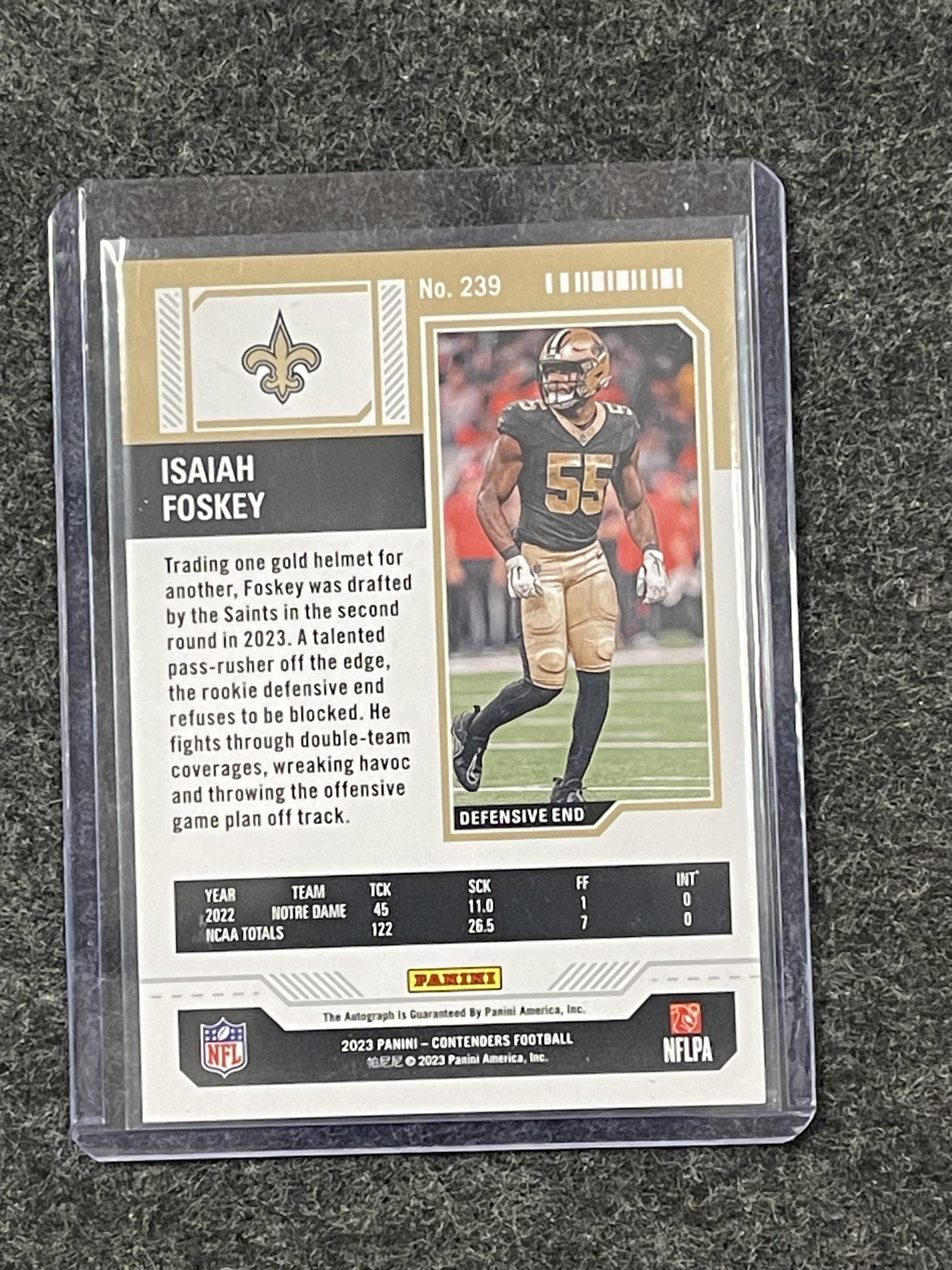 2023 Panini Contenders #239 Isaiah Foskey Week 18 Ticket #/18 New Orleans Saints