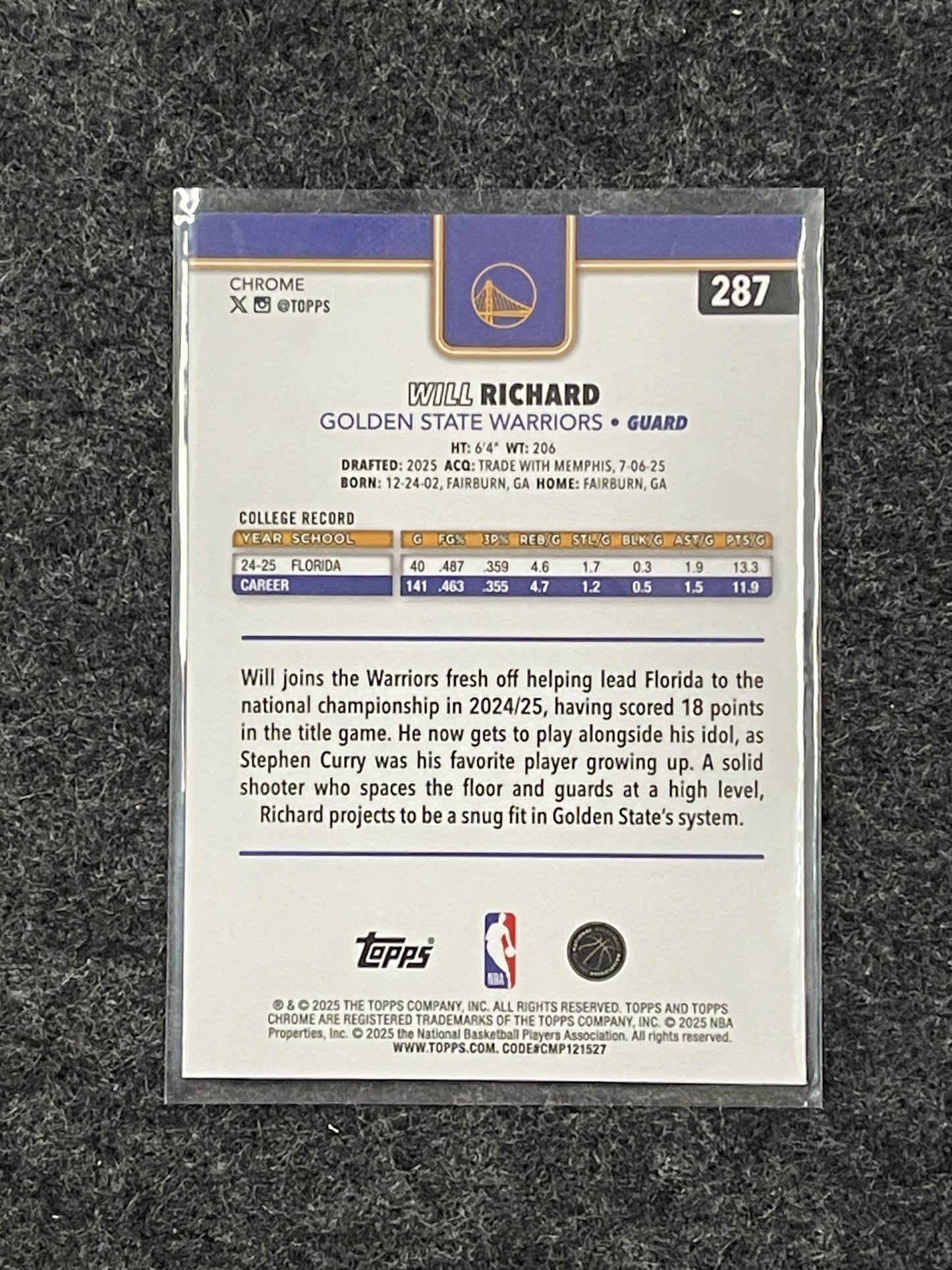 2025-26 Topps Chrome #287 Will Richard Golden State Warriors RC