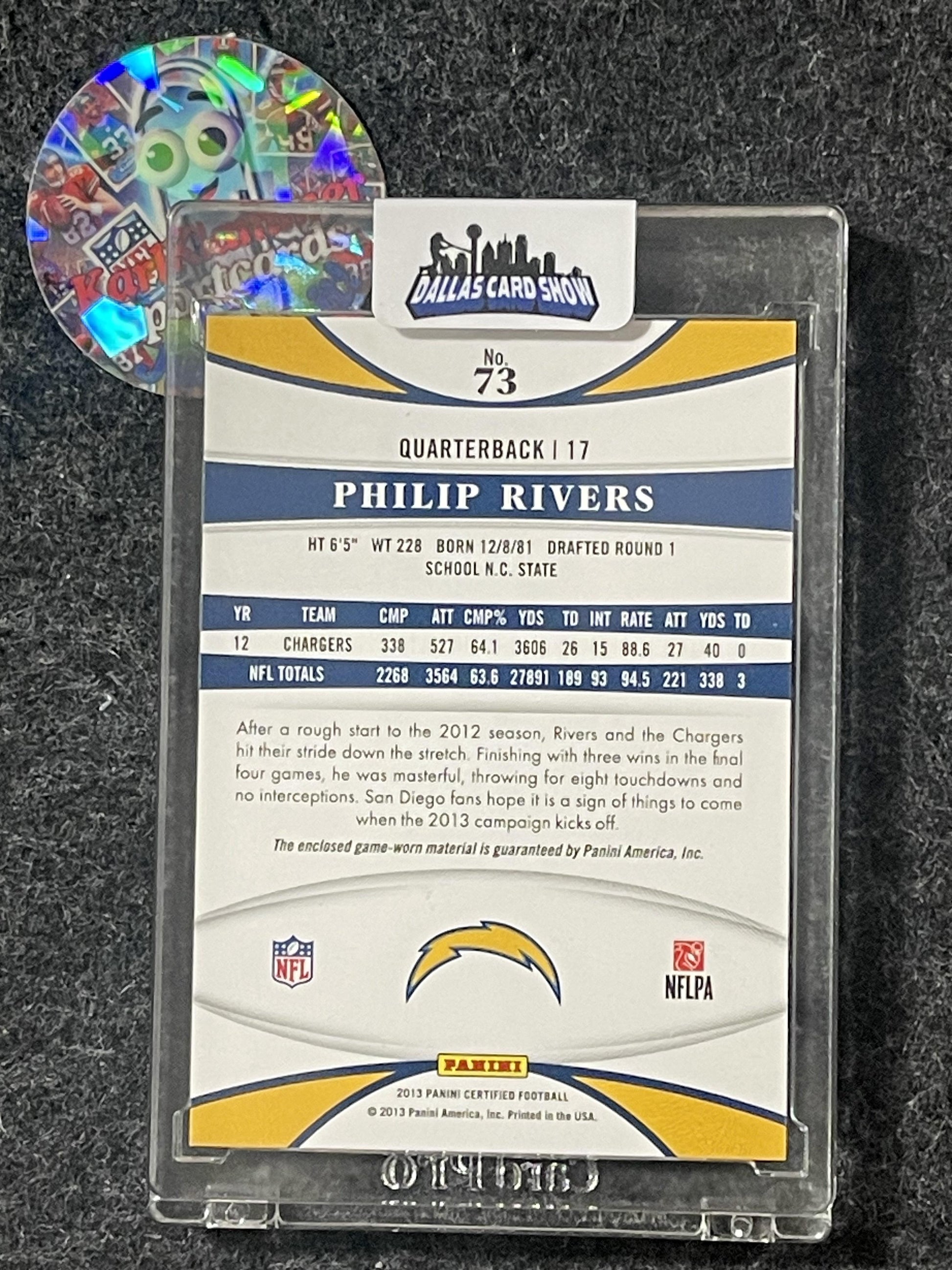 2013 Panini Certified #73 Philip Rivers Mirror Gold Materials #/49 San Diego Chargers SN,MEM