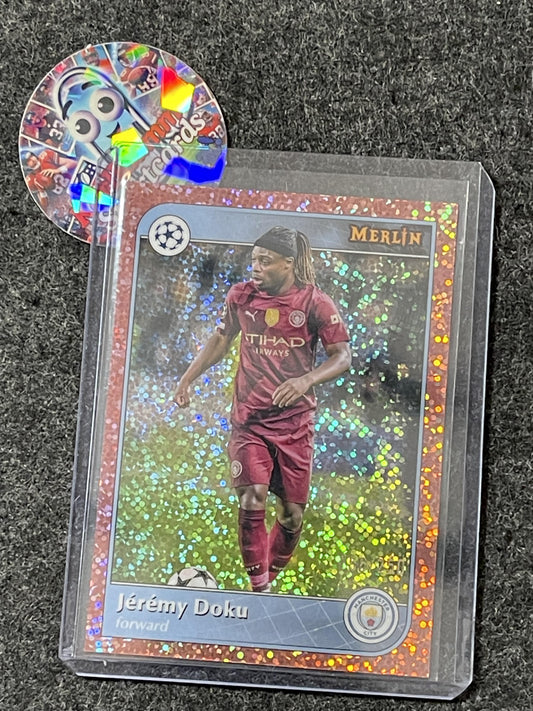 2024-25 Topps Merlin UCC #157 Jeremy Doku Rose Gold Speckle Refractor /250 Manchester City SN