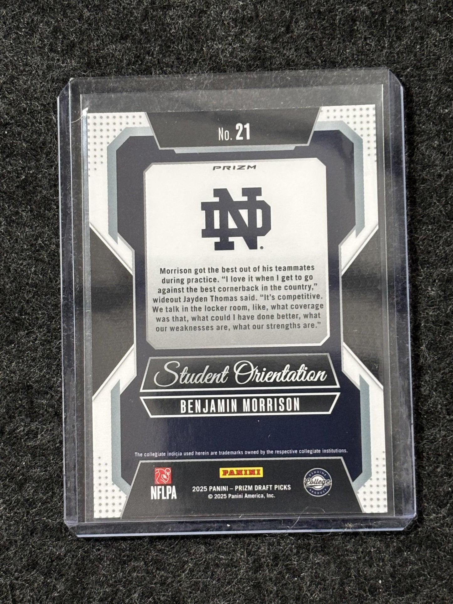 2025 Panini Prizm Draft Picks #21 Benjamin Morrison Student Orientation Gold Ice Notre Dame Fighting Irish