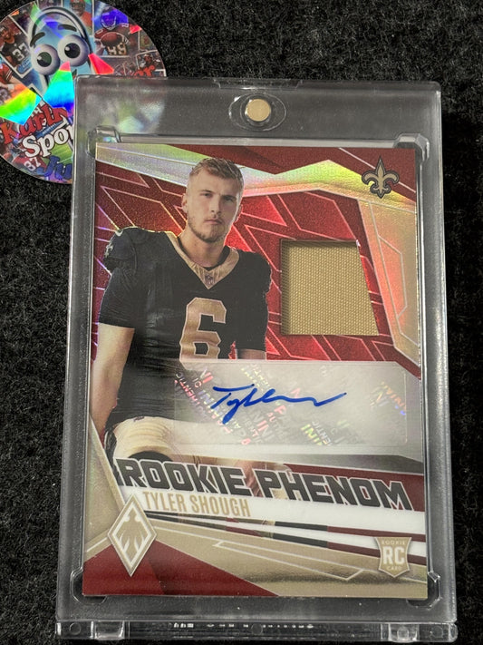 2025 Panini Phoenix #RPJ-TSH Tyler Shough Rookie Phenoms Jersey Autographs Red Prizm #/99 New Orleans Saints SN,MEM,AU