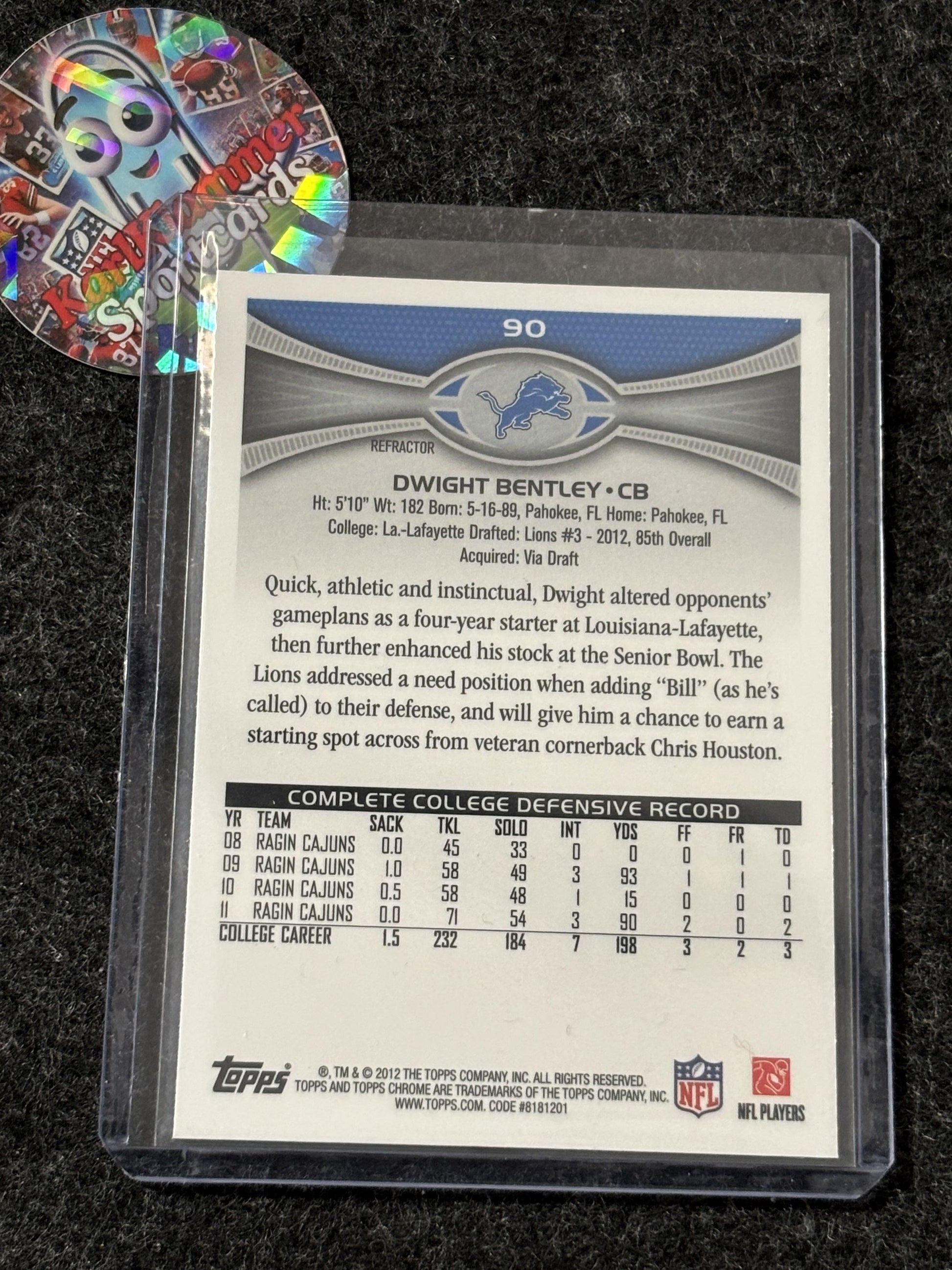 2012 Topps Chrome #90 Dwight Bentley Refractors Detroit Lions RC
