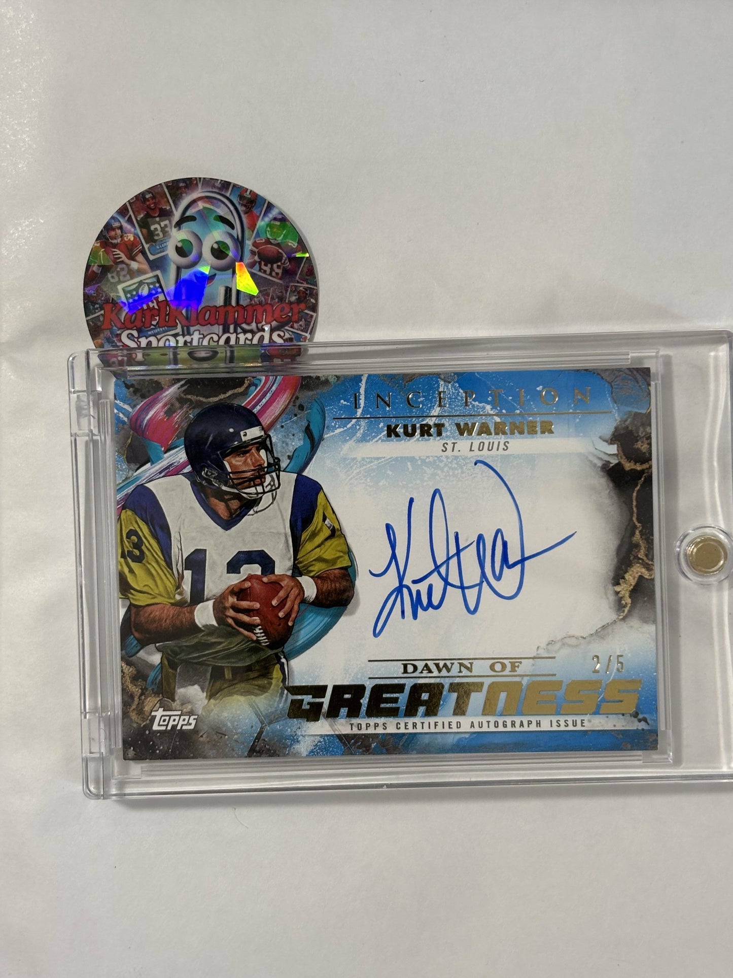2024 Topps Inception #DGA-KW Kurt Warner Dawn of Greatness Autographs Blue #/5 St. Louis Rams SN,AU