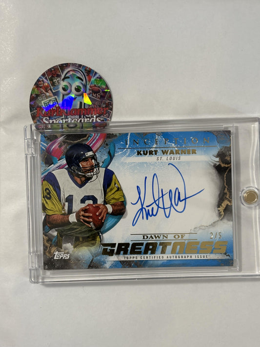 2024 Topps Inception #DGA-KW Kurt Warner Dawn of Greatness Autographs Blue #/5 St. Louis Rams SN,AU