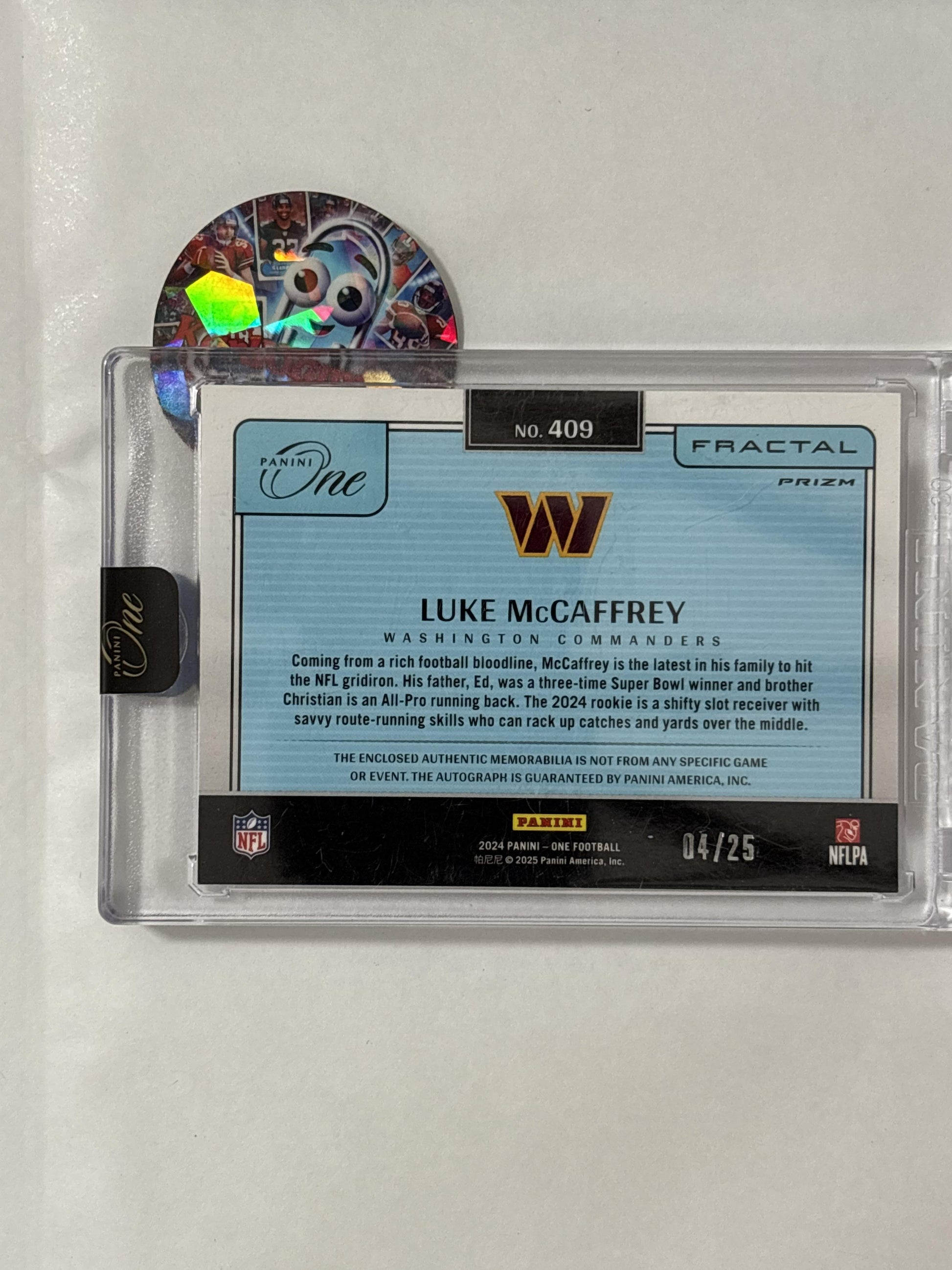 2024 Panini One #409 Luke McCaffrey Gold #/25 Washington Commanders SN,MEM,AU
