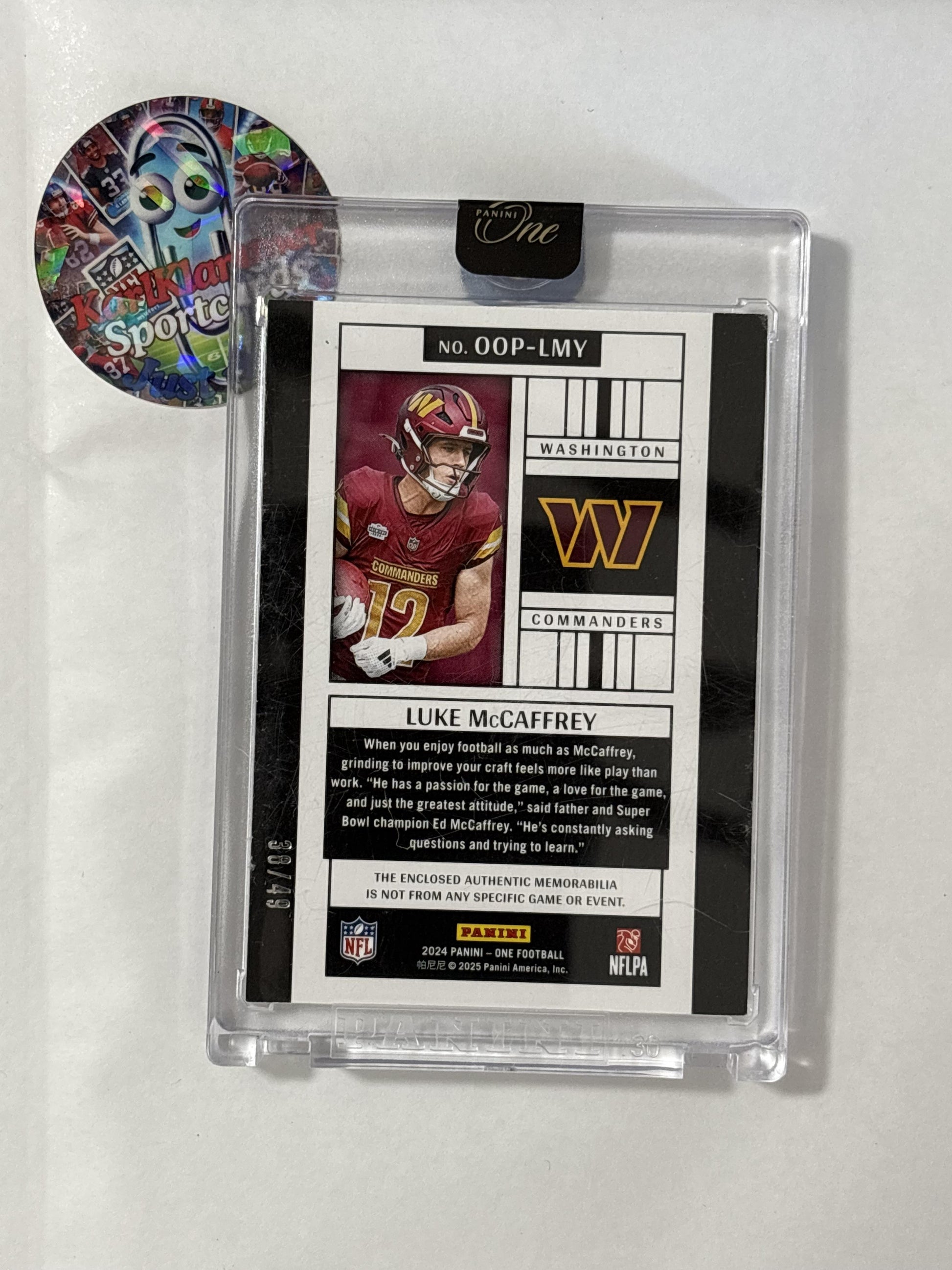 2024 Panini One #OOP-LMY Luke McCaffrey One Original Patches Red #/49 Washington Commanders SN,MEM