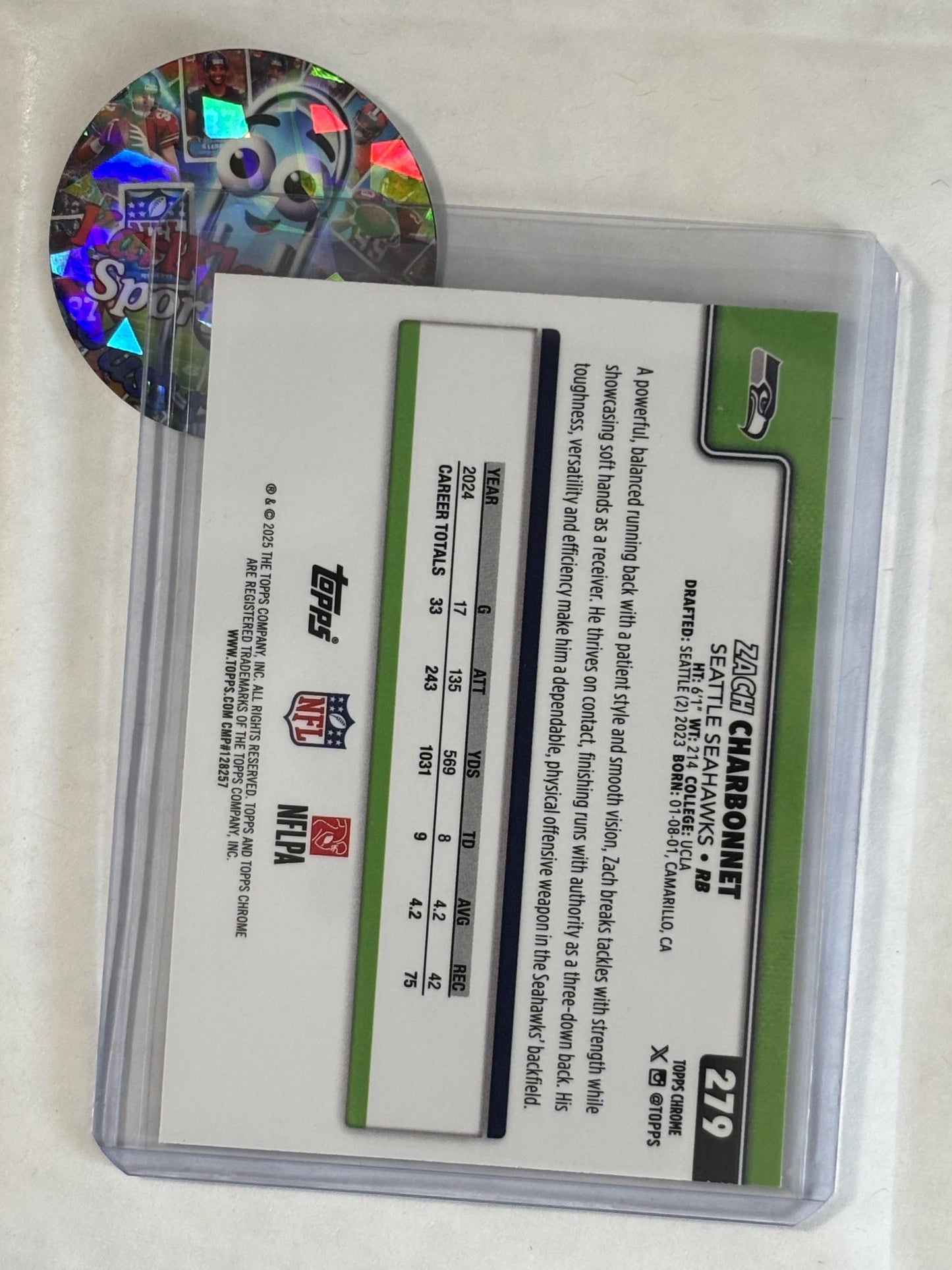 2025 Topps Chrome #279 Zach Charbonnet Ray Wave Refractor Seattle Seahawks
