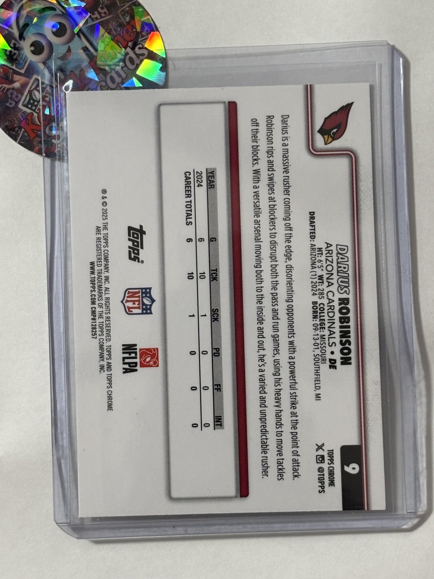 2025 Topps Chrome #9 Darius Robinson Pulsar Refractor Arizona Cardinals