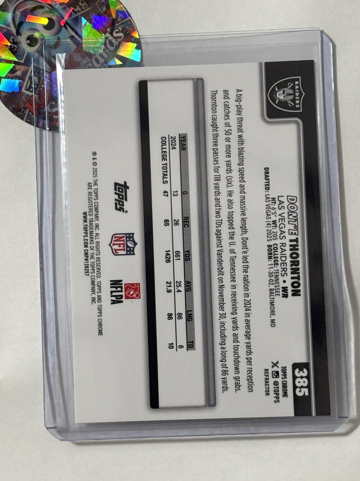 2025 Topps Chrome #385 Dont'e Thornton Jr. Refractor Las Vegas Raiders RC