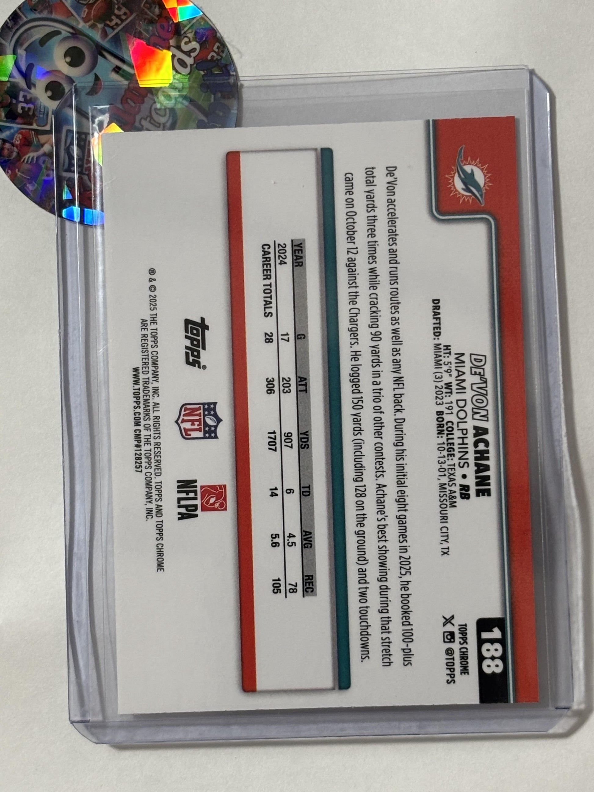 2025 Topps Chrome #188 De'Von Achane Ray Wave Refractor Miami Dolphins