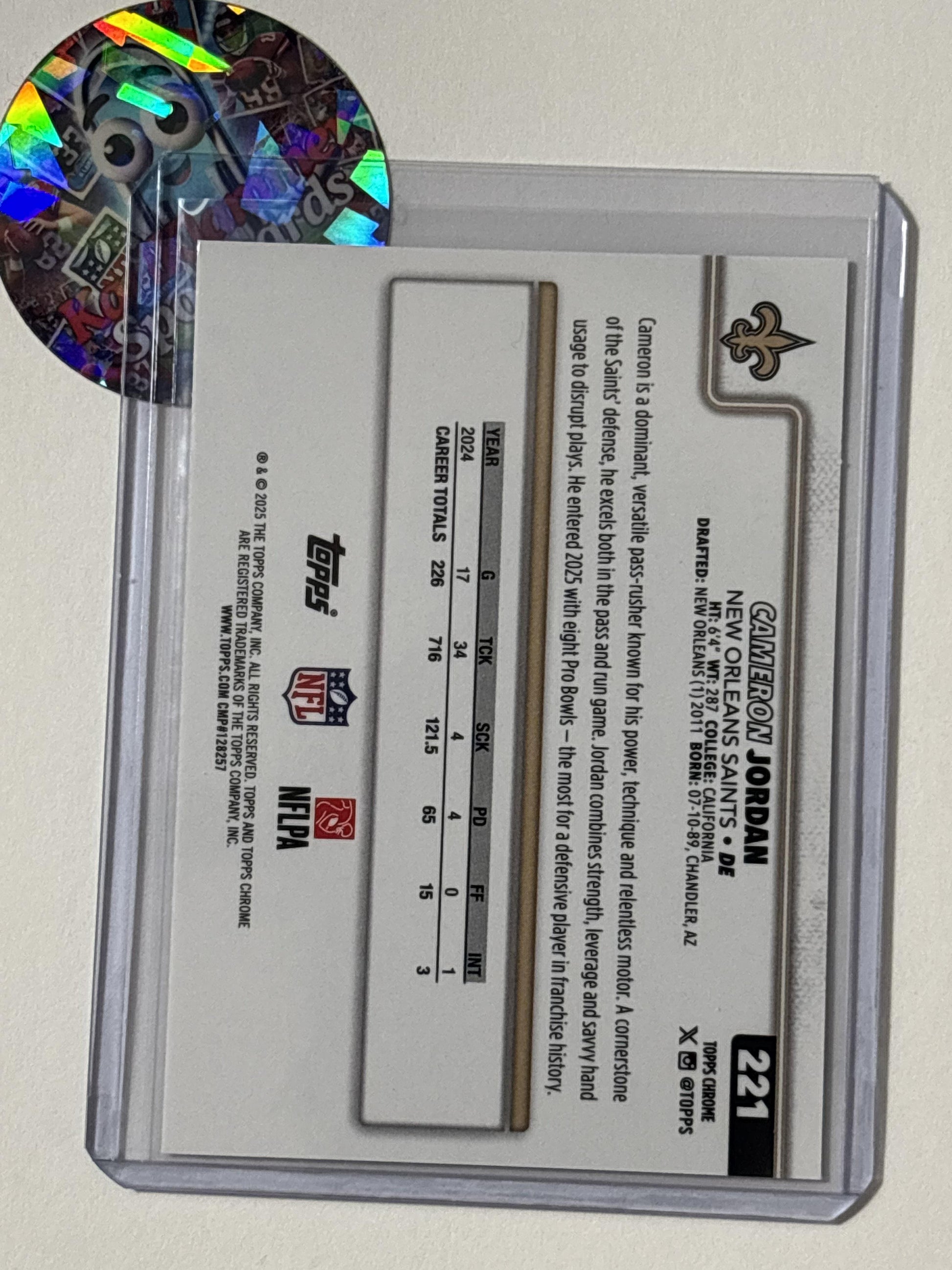 2025 Topps Chrome #221 Cameron Jordan Pulsar Refractor New Orleans Saints
