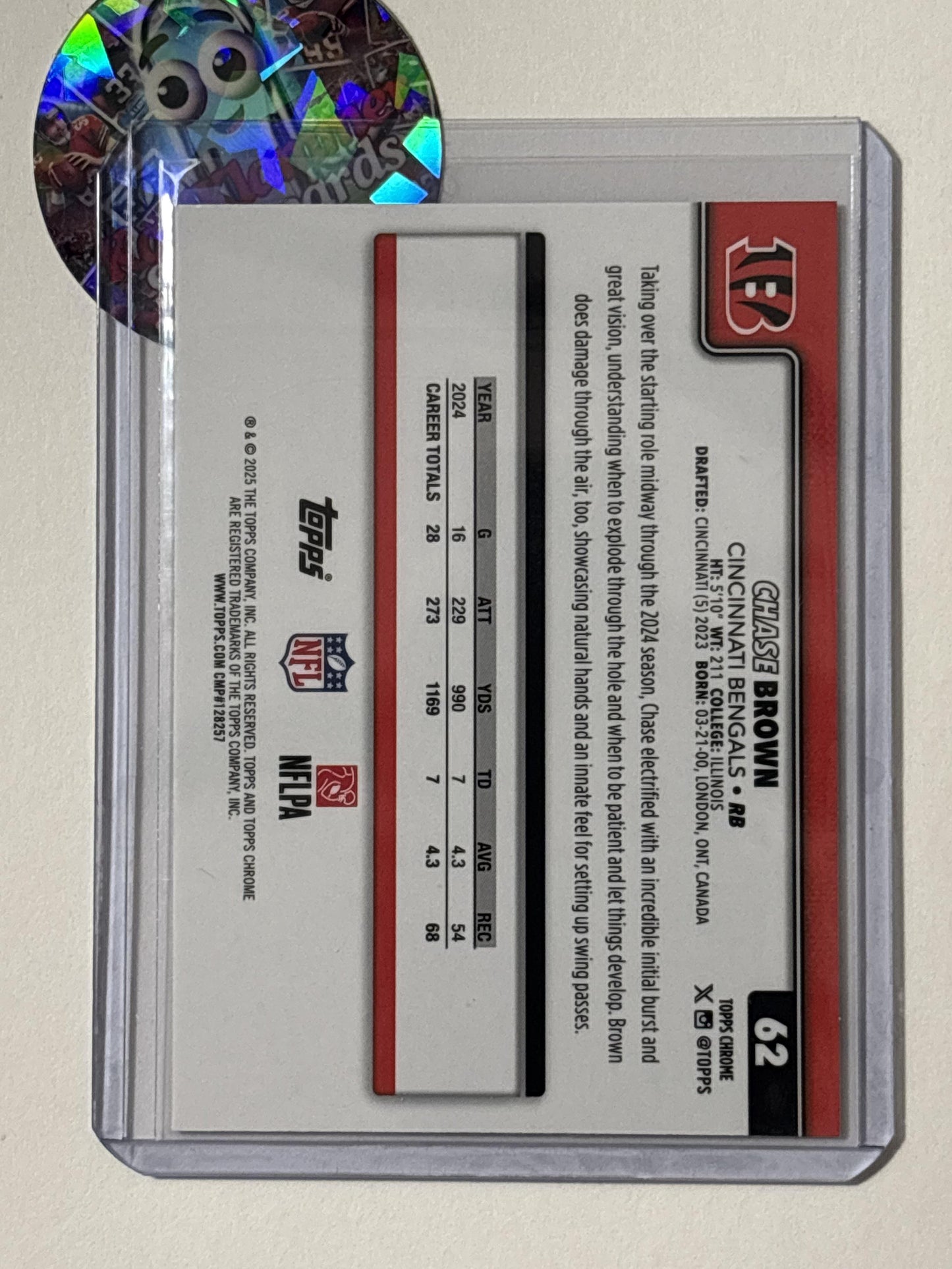2025 Topps Chrome #62 Chase Brown Football Leather Refractor Cincinnati Bengals