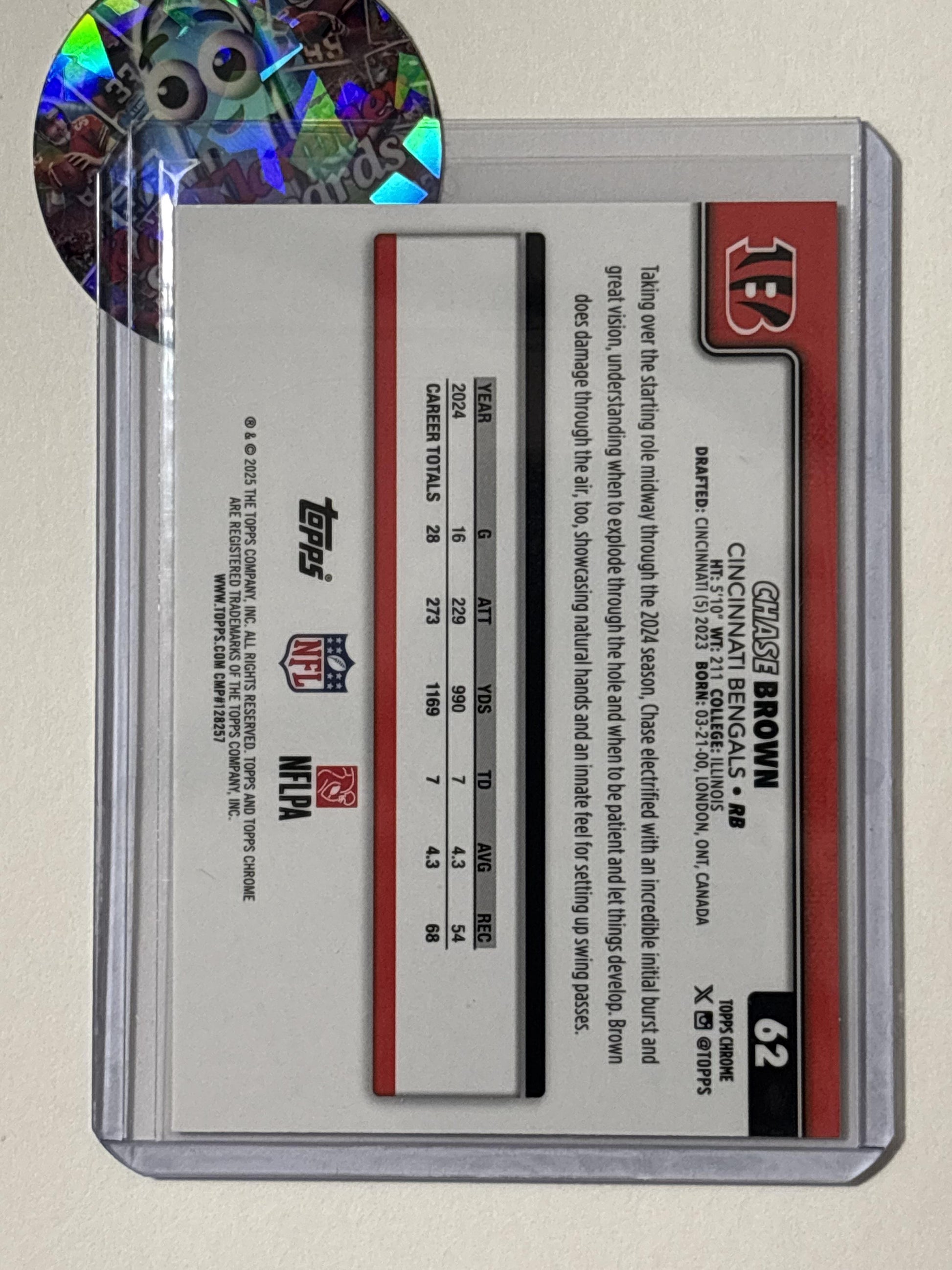 2025 Topps Chrome #62 Chase Brown Football Leather Refractor Cincinnati Bengals