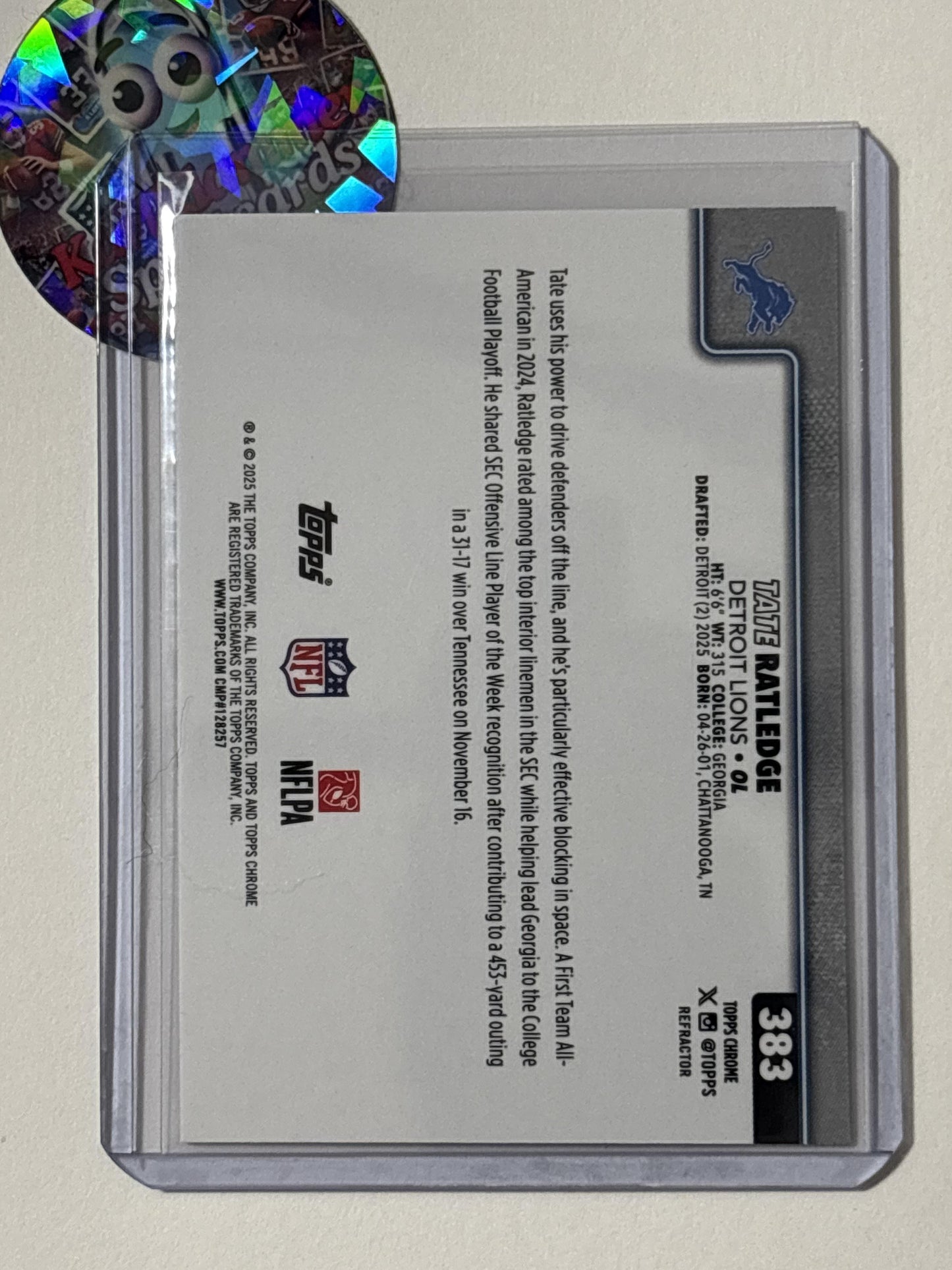 2025 Topps Chrome #383 Tate Ratledge Topps Refractor Detroit Lions RC