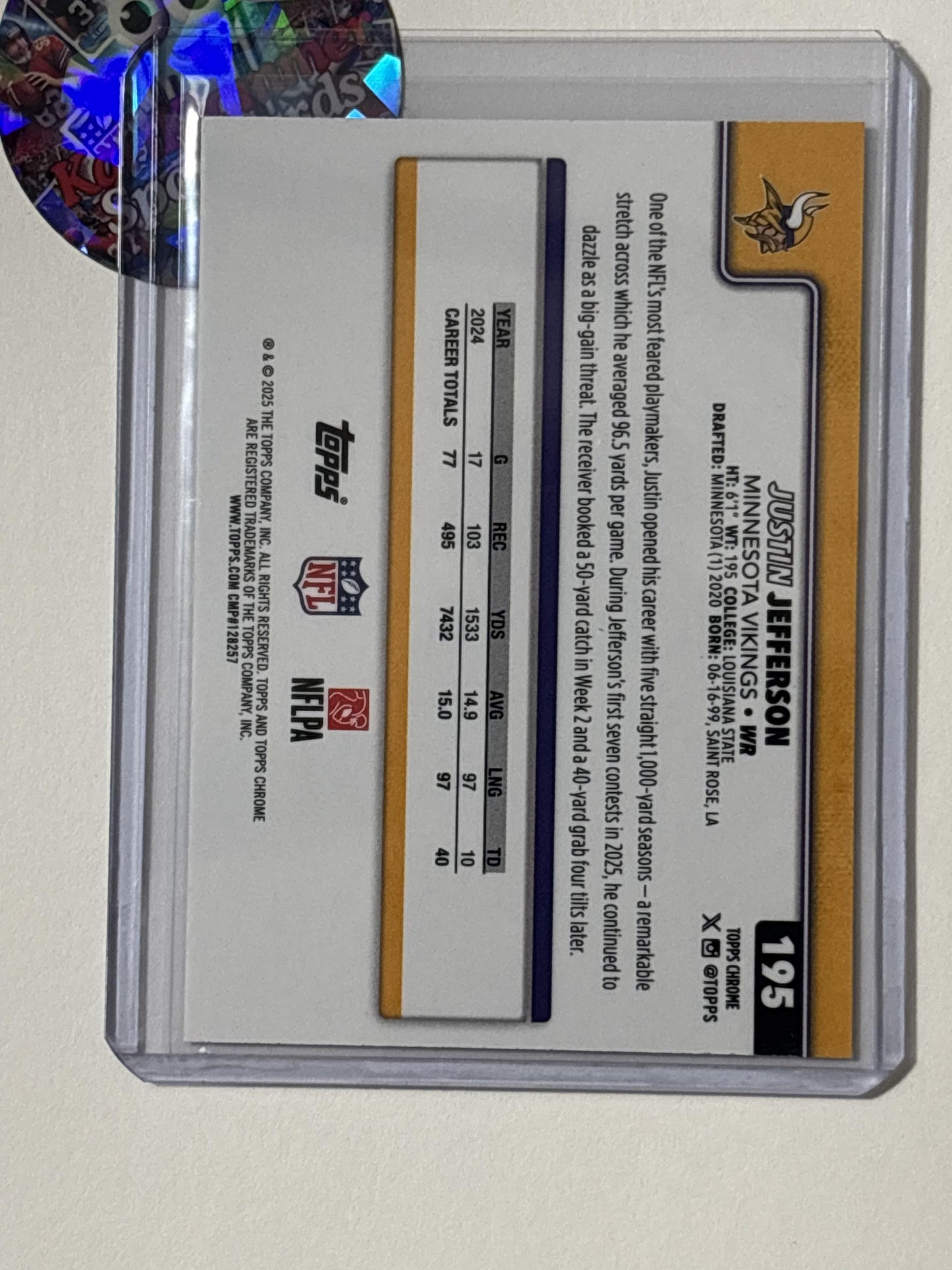 2025 Topps Chrome #195 Justin Jefferson Minnesota Vikings