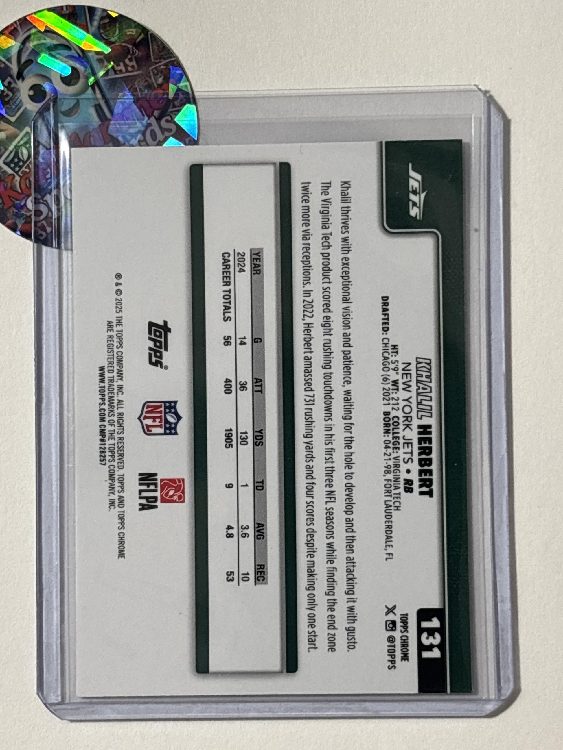 2025 Topps Chrome #131 Khalil Herbert Football Leather Refractor New York Jets