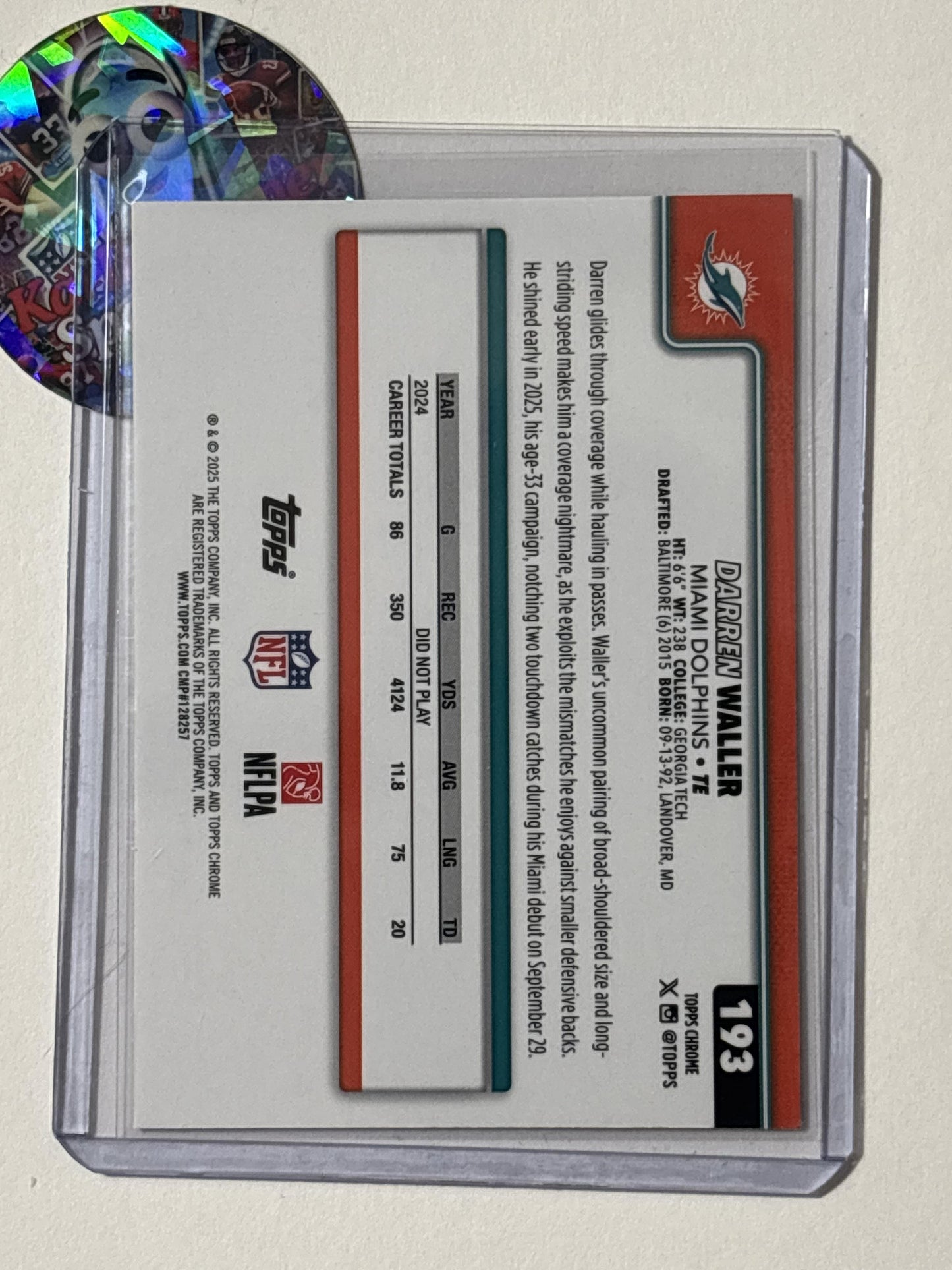 2025 Topps Chrome #193 Darren Waller Football Leather Refractor Miami Dolphins