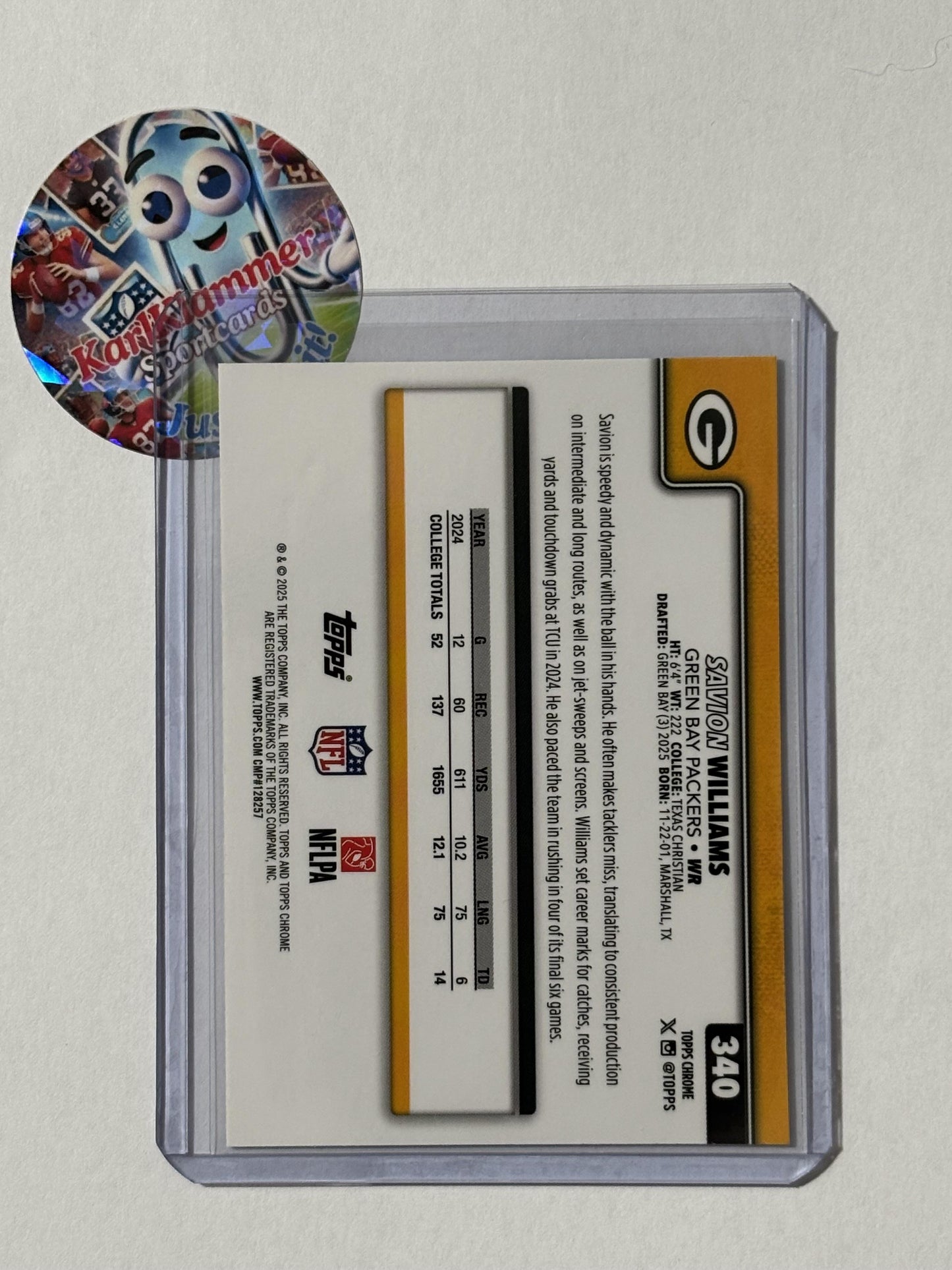 2025 Topps Chrome #340 Savion Williams X-Fractor Green Bay Packers RC