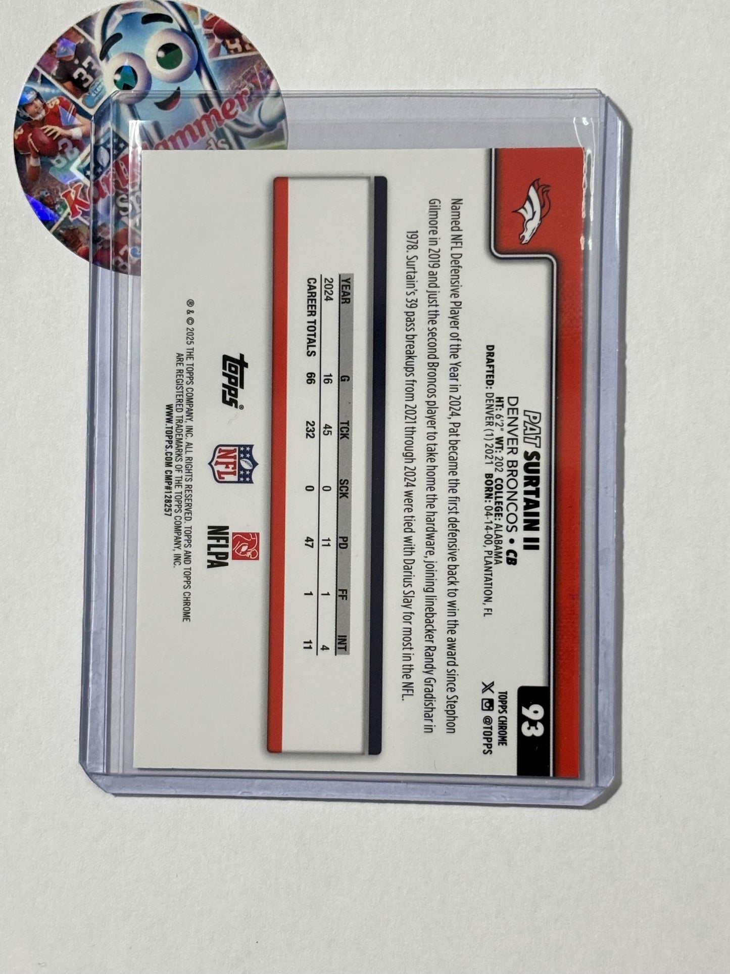 2025 Topps Chrome #93 Patrick Surtain II Red White and Blue Refractor Denver Broncos